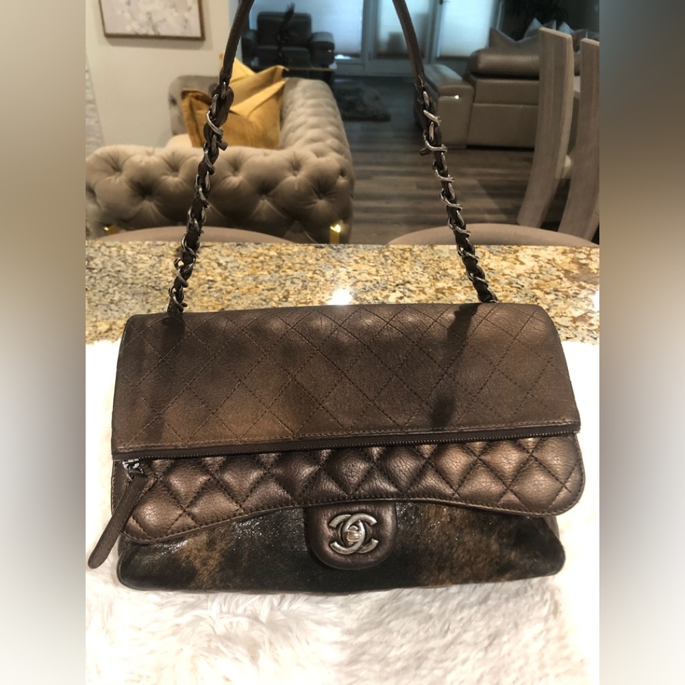 Chanel leather mink fur tote